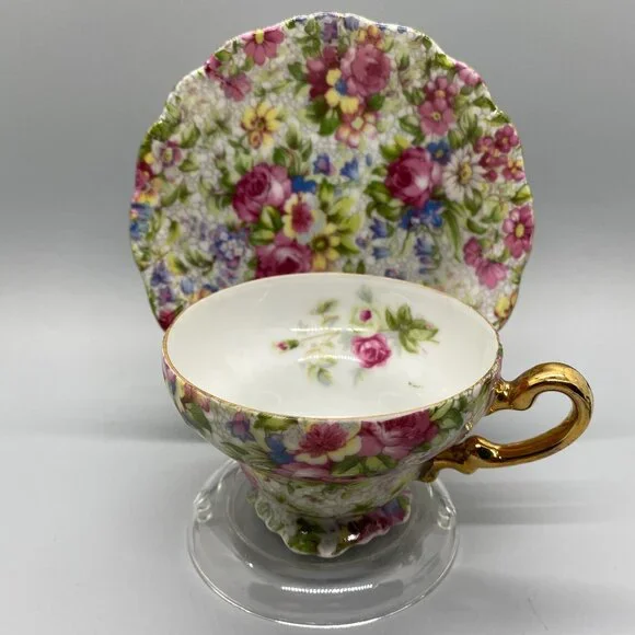 Saji Occupied Japan Floral Rose Chintz Cup and Saucer with Display Stand - Picture 1 of 12
